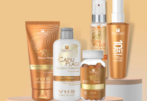 Produits Fauvert Capiliplage utilisés chez La P’tite Brune à Saumur, conçus pour protéger les cheveux du soleil, du sel et du chlore